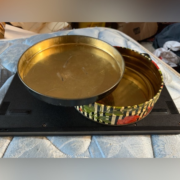 Mid Century Vtg Floral Striped Metal Lidded Candy Biscuit Tin - Picture 8 of 16